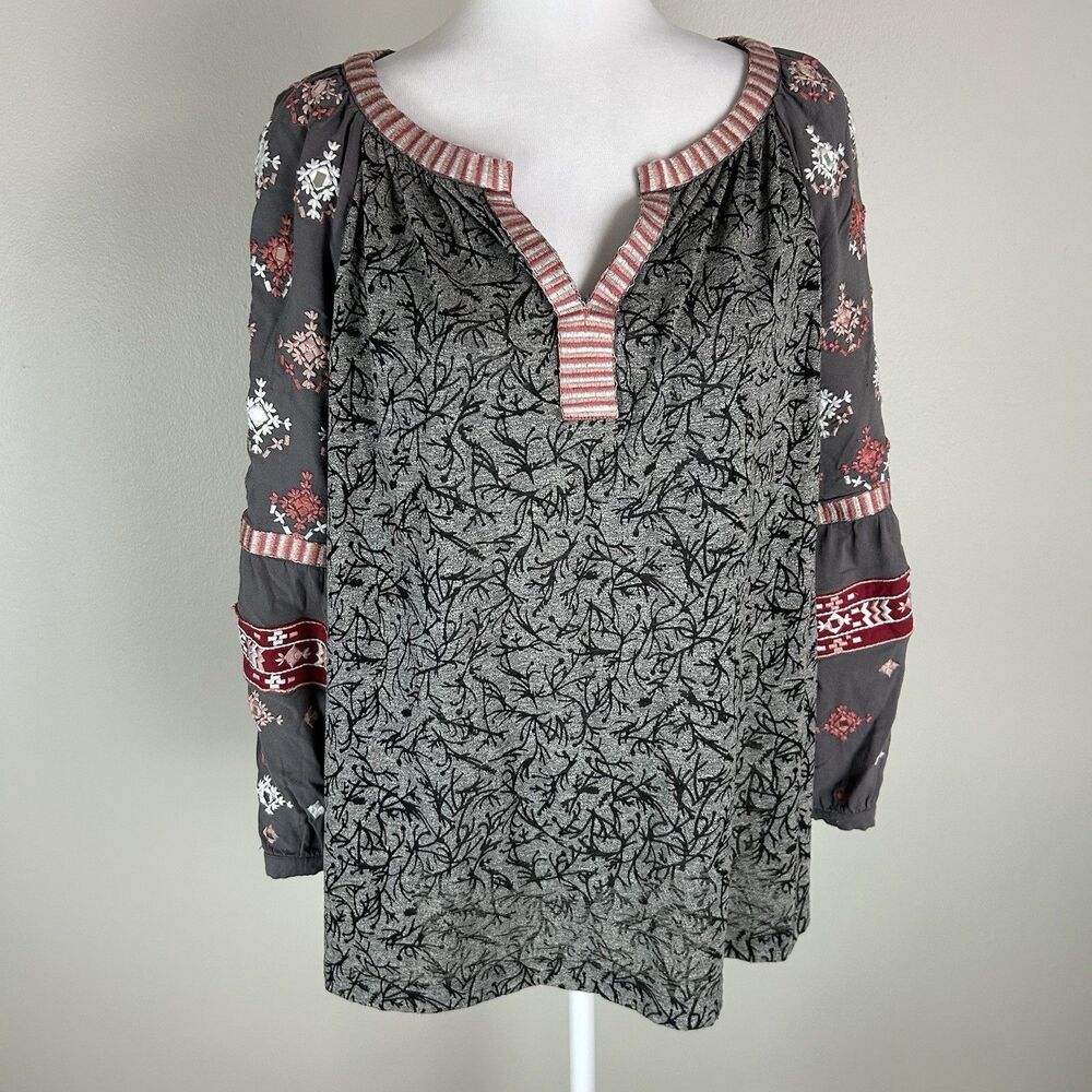 John Mark Womens Embroidered Boho Tunic Blouse Size L Peasant